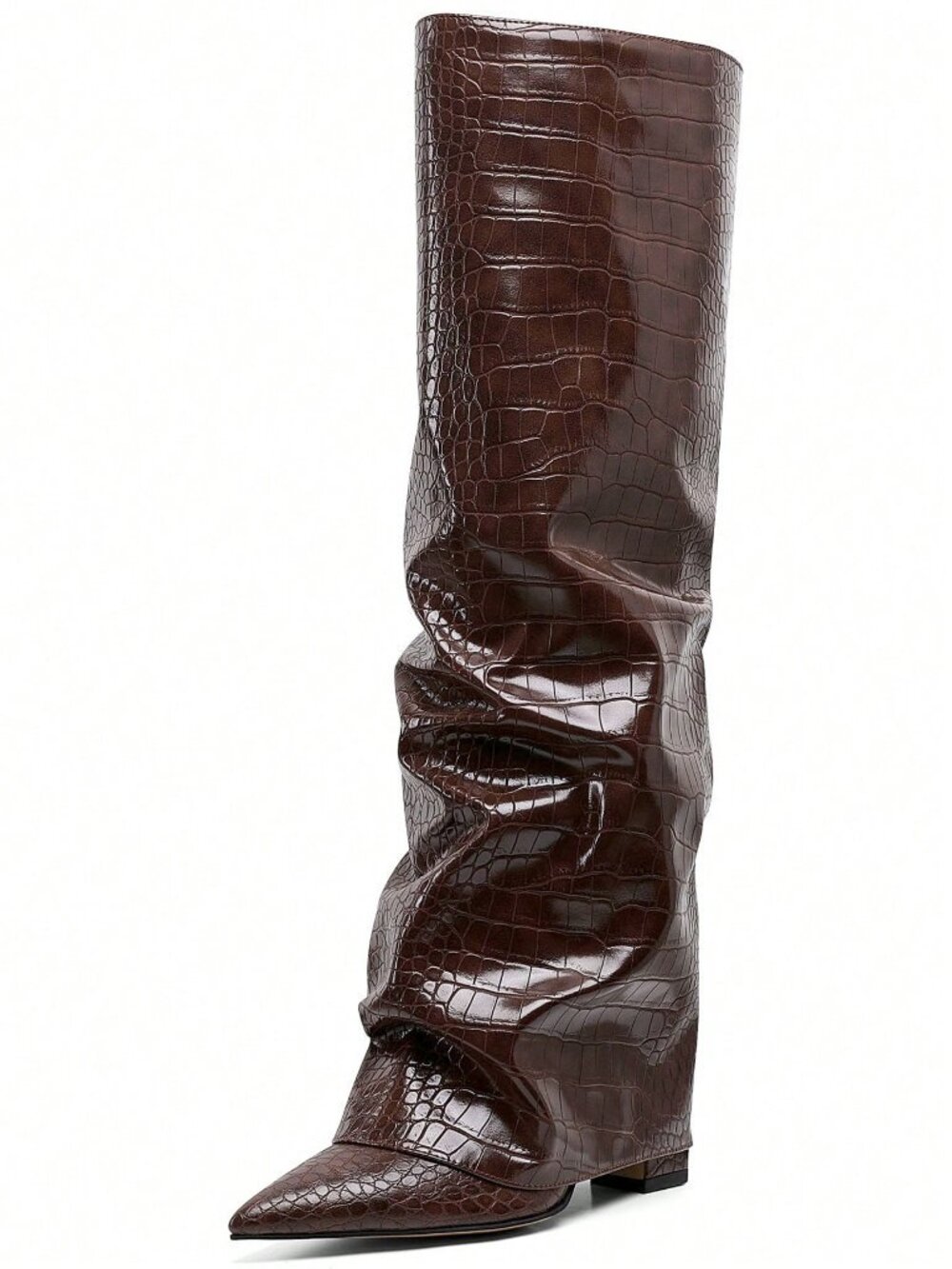 Brown Texture Punk Women's Knee High Fold Over Slouchy Chunky High Heels boots - Picture 5 of 11